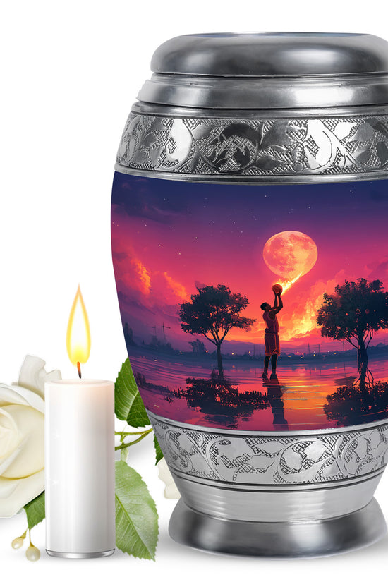 Bright Blue Basketball Cremation Urn back view with polished surface - royal basketball engraving with decorative scrollwork - full-size 10 inch 200 cubic inch adult cremation urn
