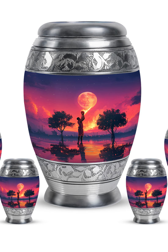 Serene Blue Basketball Cremation Urn detail view - royal basketball engraving with decorative scrollwork - memorial set with one large and four small urns