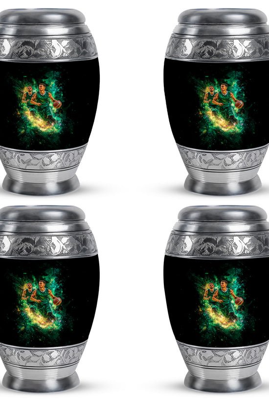 Jet Black Basketball Cremation Urn urn with complimentary velvet bag - ornate monarch-style basketball relief on brushed aluminum - 10 inch aluminum urn for cremated remains