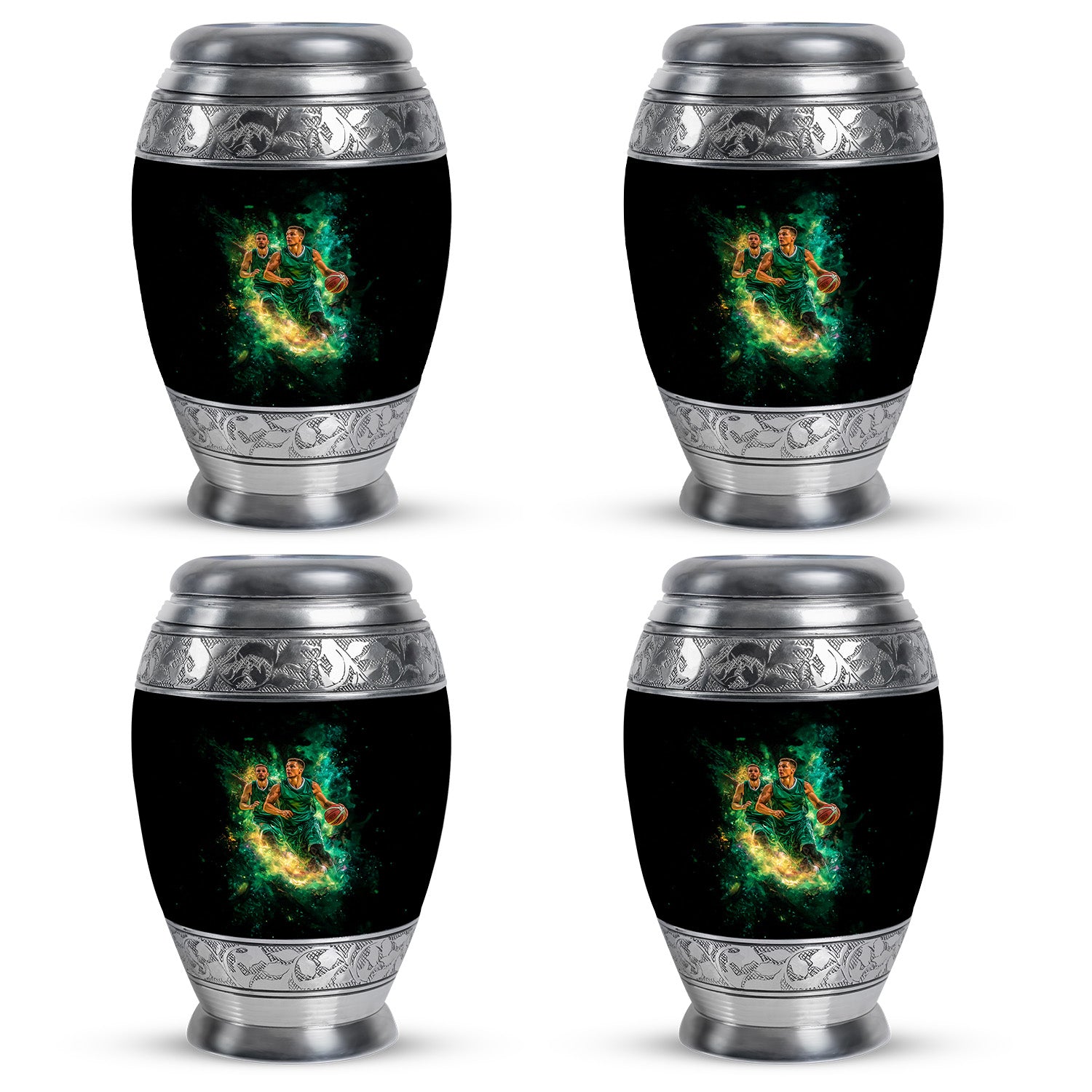 Jet Black Basketball Cremation Urn urn with complimentary velvet bag - ornate monarch-style basketball relief on brushed aluminum - 10 inch aluminum urn for cremated remains