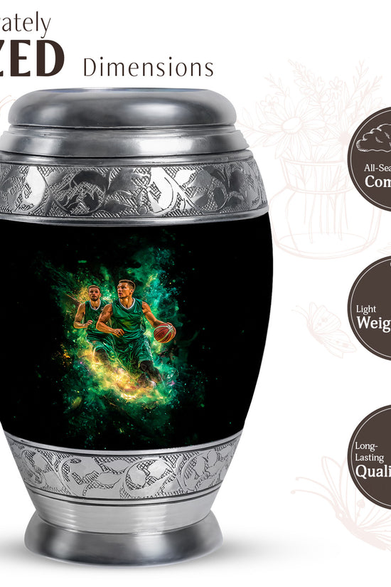 Rich Black Basketball Cremation Urn lifestyle display on memorial shelf - ornate monarch-style basketball relief on brushed aluminum - mini keepsake memorial for portion of cremation ashes