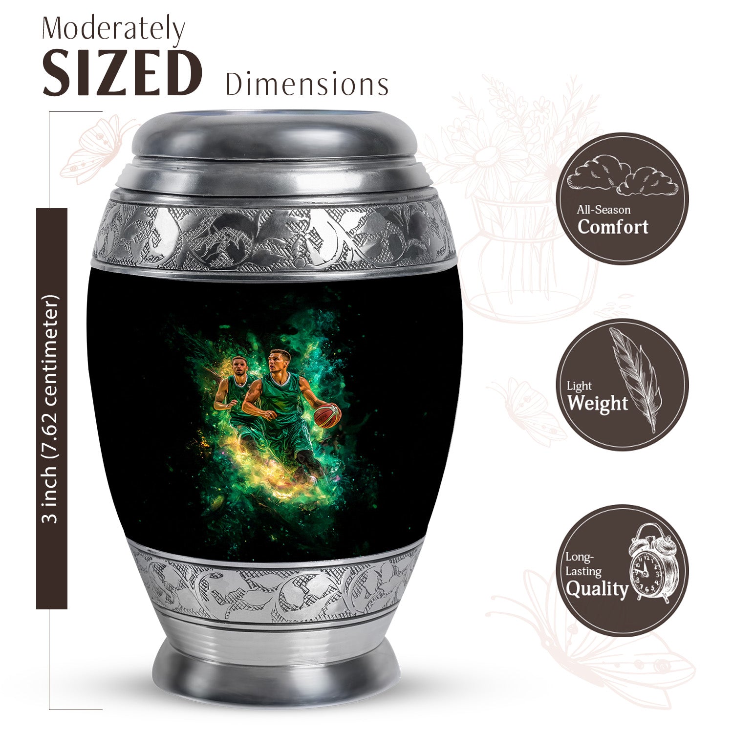 Rich Black Basketball Cremation Urn lifestyle display on memorial shelf - ornate monarch-style basketball relief on brushed aluminum - mini keepsake memorial for portion of cremation ashes