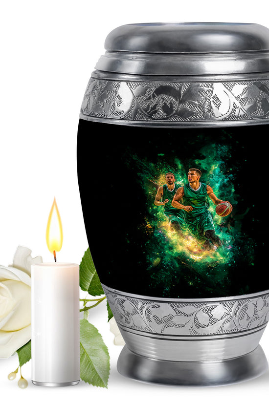 Obsidian Black Basketball Cremation Urn back view with polished surface - majestic basketball pattern with filigree border - full-size 10 inch 200 cubic inch adult cremation urn