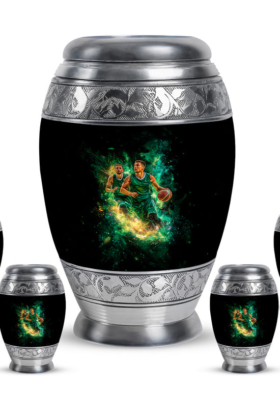 Charcoal Black Basketball Cremation Urn detail view - majestic basketball pattern with filigree border - memorial set with one large and four small urns