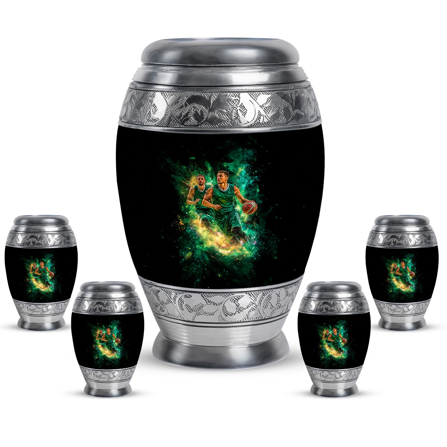 Charcoal Black Basketball Cremation Urn detail view - majestic basketball pattern with filigree border - memorial set with one large and four small urns