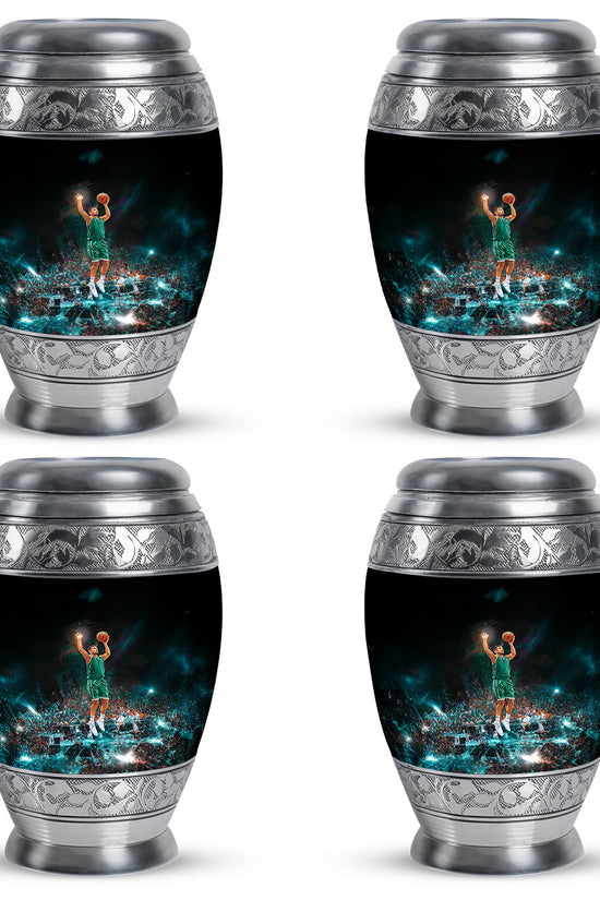 Deep Black Basketball Cremation Urn urn with complimentary velvet bag - regal basketball design with crown-inspired accents - 10 inch aluminum urn for cremated remains