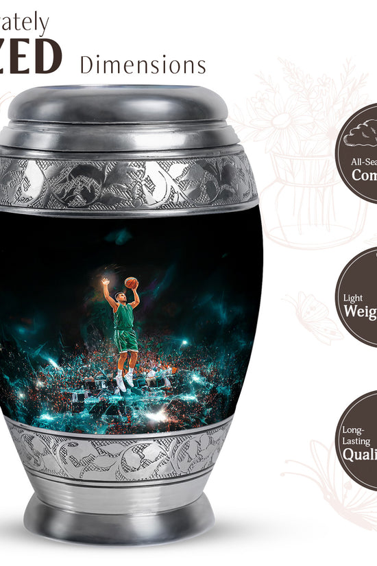 Midnight Black Basketball Cremation Urn lifestyle display on memorial shelf - royal basketball engraving with decorative scrollwork - mini keepsake memorial for portion of cremation ashes