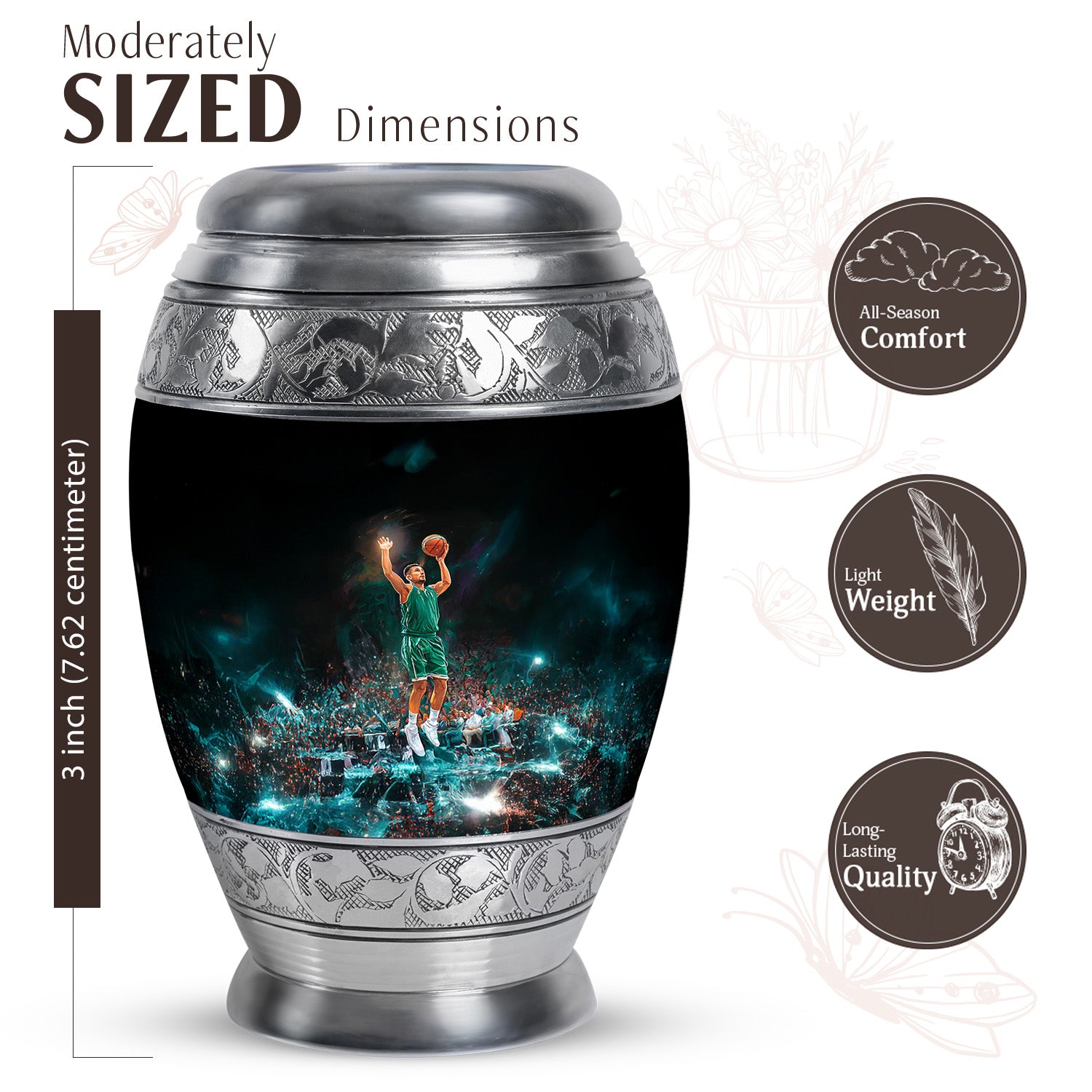 Midnight Black Basketball Cremation Urn lifestyle display on memorial shelf - royal basketball engraving with decorative scrollwork - mini keepsake memorial for portion of cremation ashes
