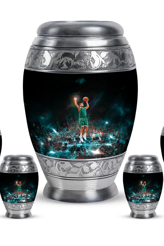 Dark Black Basketball Cremation Urn detail view - majestic basketball pattern with filigree border - memorial set with one large and four small urns