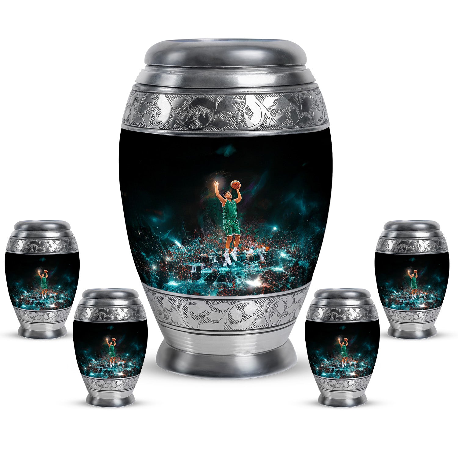 Dark Black Basketball Cremation Urn detail view - majestic basketball pattern with filigree border - memorial set with one large and four small urns