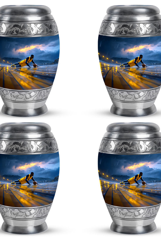 Twilight Blue Basketball Cremation Urn urn with complimentary velvet bag - majestic basketball pattern with filigree border - 10 inch aluminum urn for cremated remains
