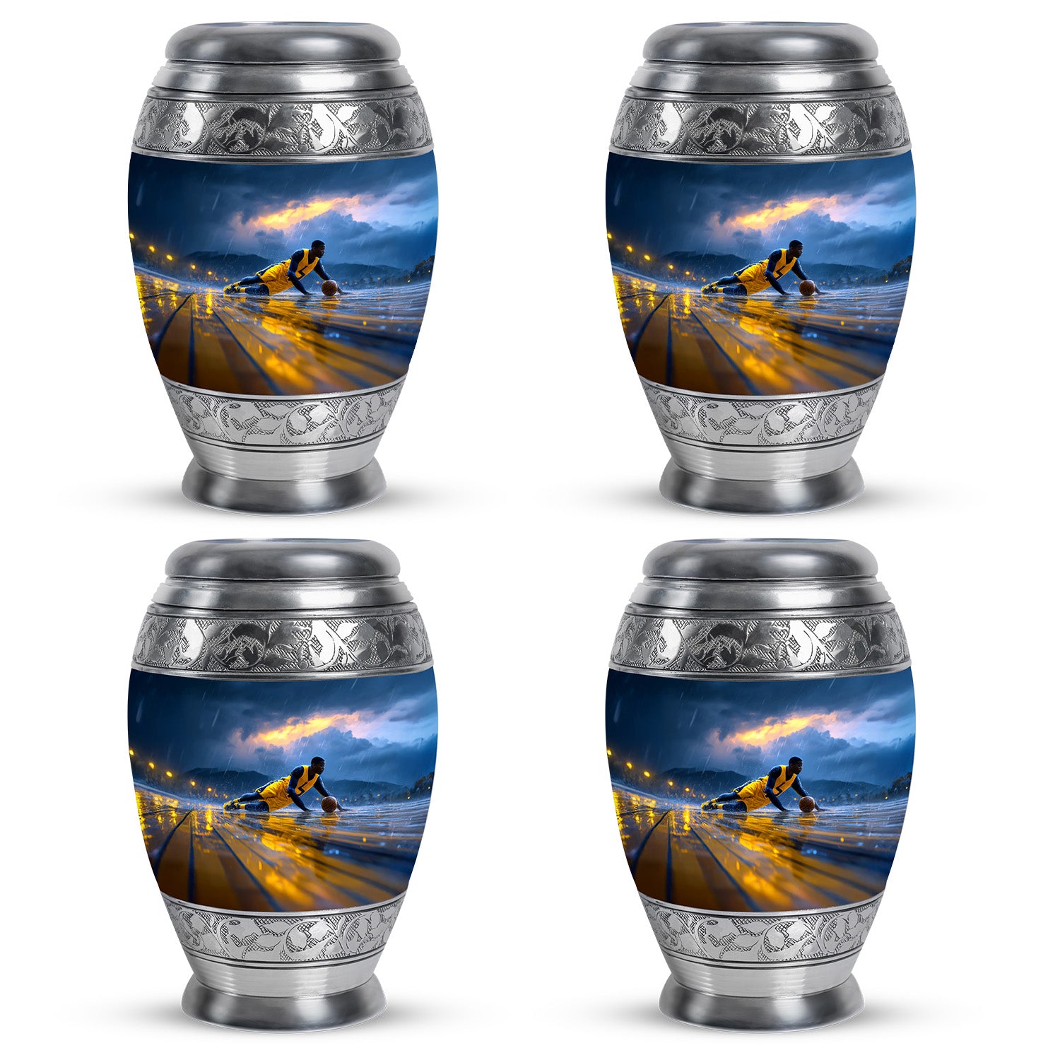 Twilight Blue Basketball Cremation Urn urn with complimentary velvet bag - majestic basketball pattern with filigree border - 10 inch aluminum urn for cremated remains