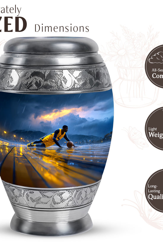 Icy Blue Basketball Cremation Urn lifestyle display on memorial shelf - regal basketball design with crown-inspired accents - mini keepsake memorial for portion of cremation ashes