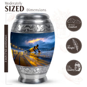 Icy Blue Basketball Cremation Urn lifestyle display on memorial shelf - regal basketball design with crown-inspired accents - mini keepsake memorial for portion of cremation ashes