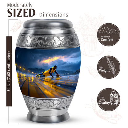Icy Blue Basketball Cremation Urn lifestyle display on memorial shelf - regal basketball design with crown-inspired accents - mini keepsake memorial for portion of cremation ashes