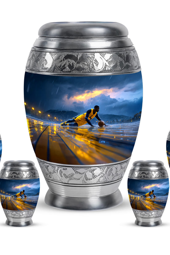 Calming Blue Basketball Cremation Urn detail view - majestic basketball pattern with filigree border - memorial set with one large and four small urns