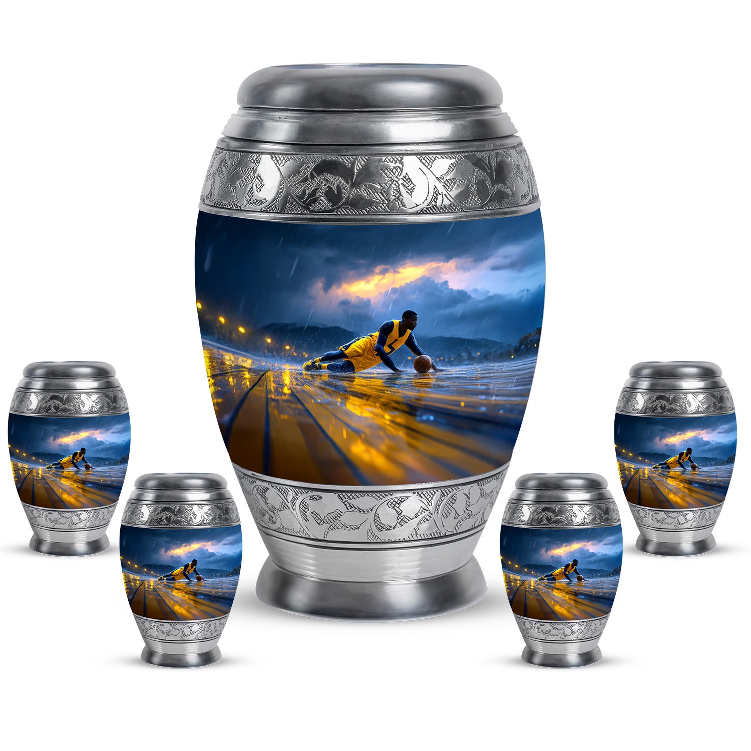 Calming Blue Basketball Cremation Urn detail view - majestic basketball pattern with filigree border - memorial set with one large and four small urns