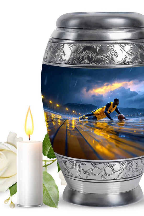 Pastel Blue Basketball Cremation Urn back view with polished surface - regal basketball design with crown-inspired accents - full-size 10 inch 200 cubic inch adult cremation urn