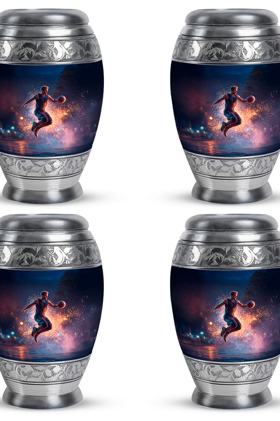 Vivid Blue Basketball Cremation Urn urn with complimentary velvet bag - royal basketball engraving with decorative scrollwork - 10 inch aluminum urn for cremated remains