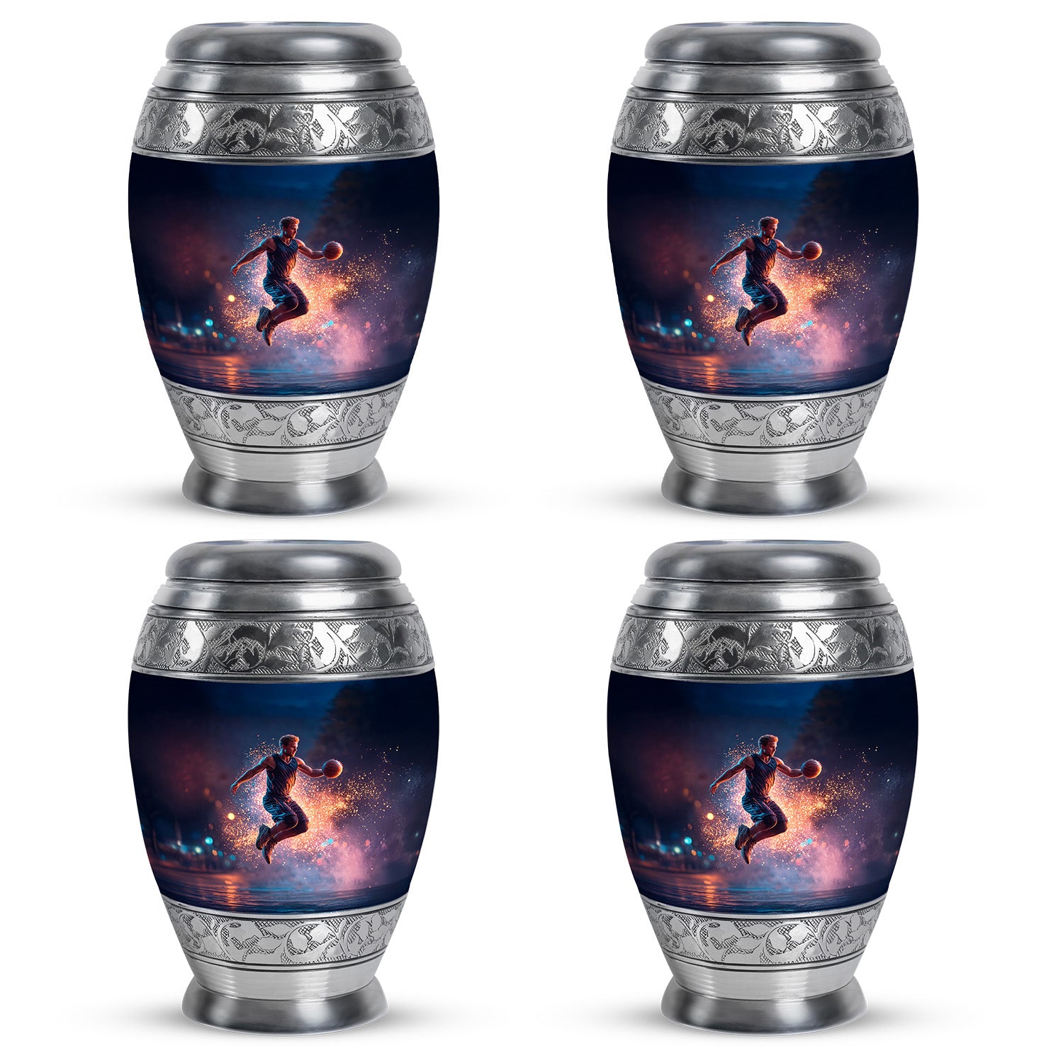 Vivid Blue Basketball Cremation Urn urn with complimentary velvet bag - royal basketball engraving with decorative scrollwork - 10 inch aluminum urn for cremated remains