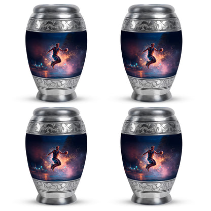 Vivid Blue Basketball Cremation Urn urn with complimentary velvet bag - royal basketball engraving with decorative scrollwork - 10 inch aluminum urn for cremated remains