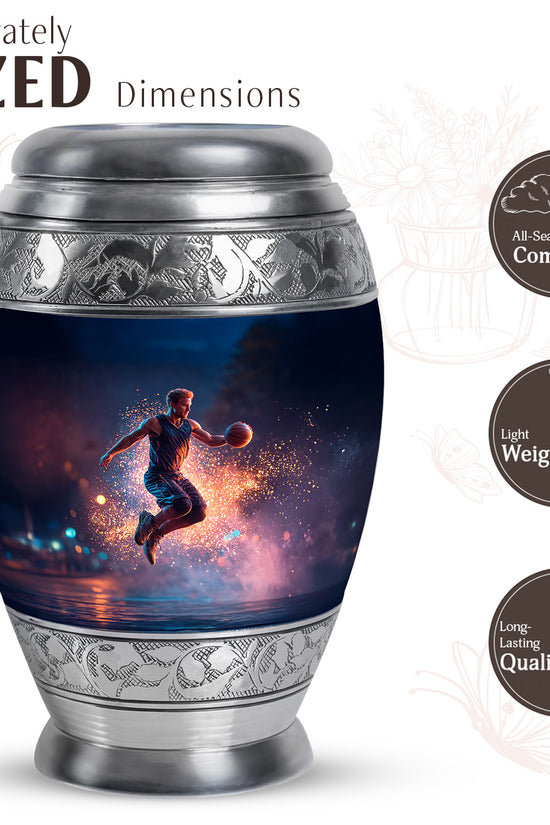 Sapphire Blue Basketball Cremation Urn lifestyle display on memorial shelf - royal basketball engraving with decorative scrollwork - mini keepsake memorial for portion of cremation ashes