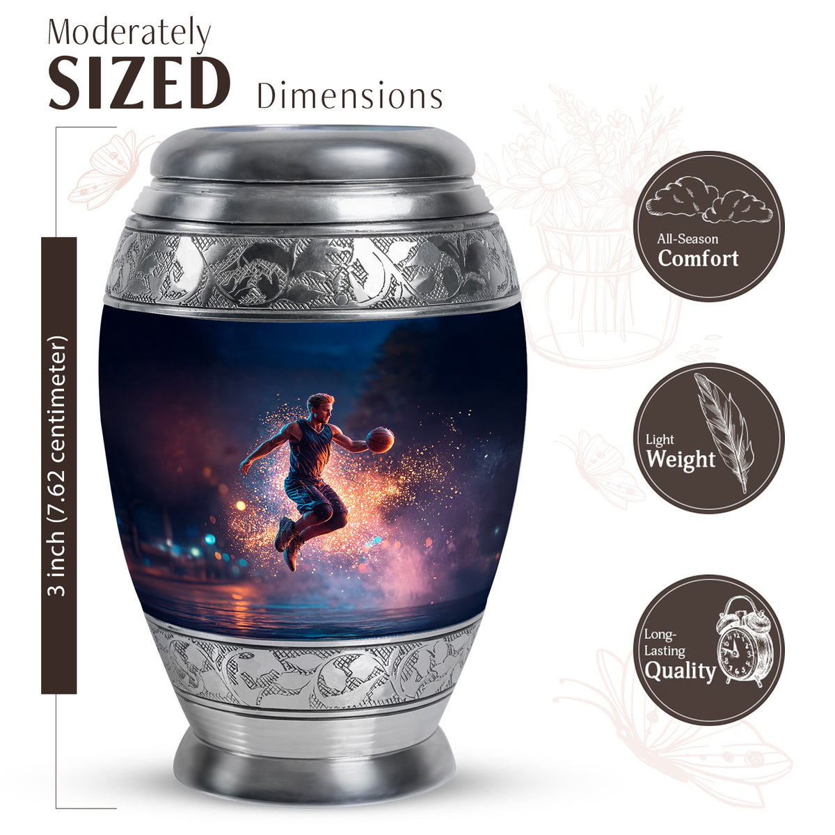 Sapphire Blue Basketball Cremation Urn lifestyle display on memorial shelf - royal basketball engraving with decorative scrollwork - mini keepsake memorial for portion of cremation ashes