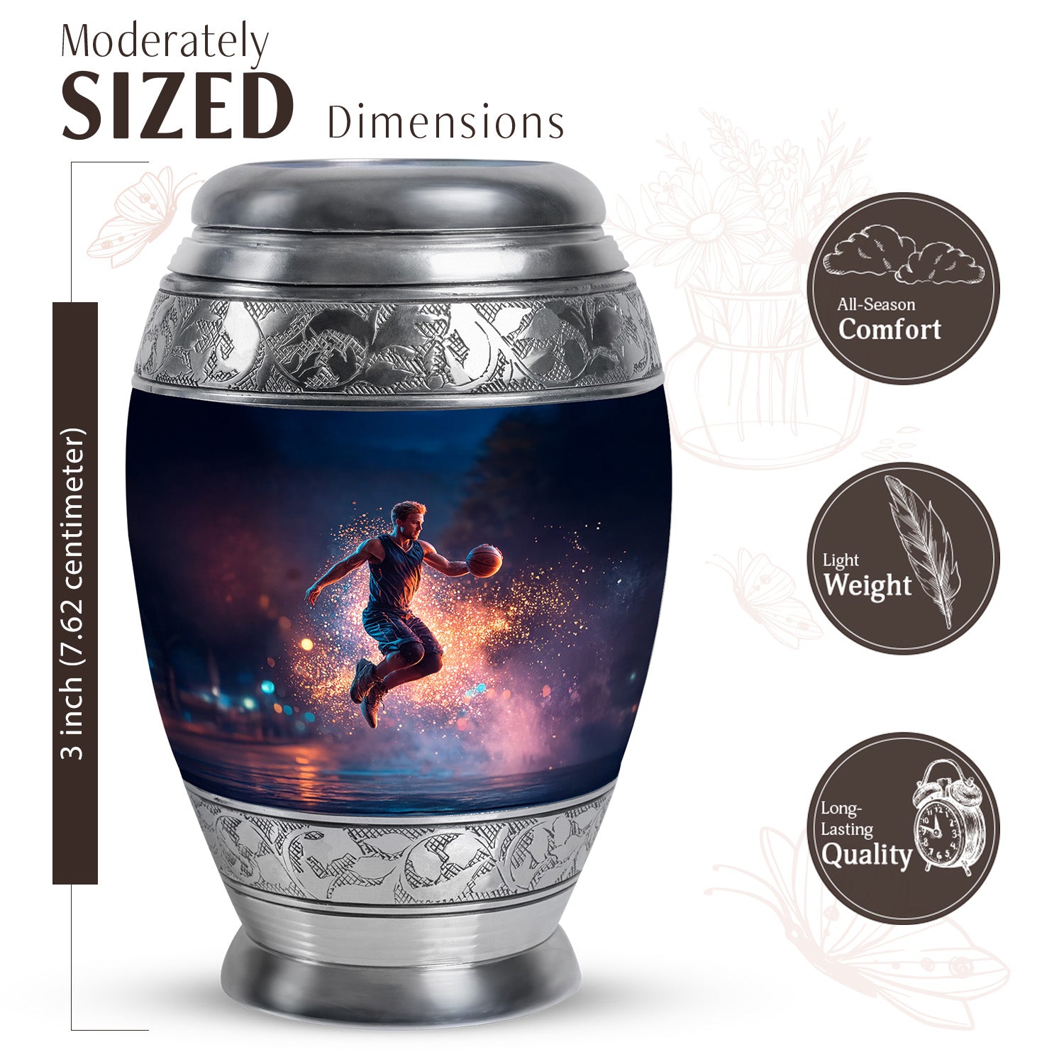 Sapphire Blue Basketball Cremation Urn lifestyle display on memorial shelf - royal basketball engraving with decorative scrollwork - mini keepsake memorial for portion of cremation ashes