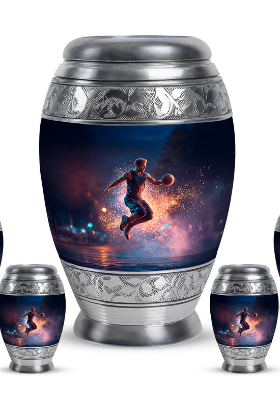 Misty Blue Basketball Cremation Urn detail view - ornate monarch-style basketball relief on brushed aluminum - memorial set with one large and four small urns