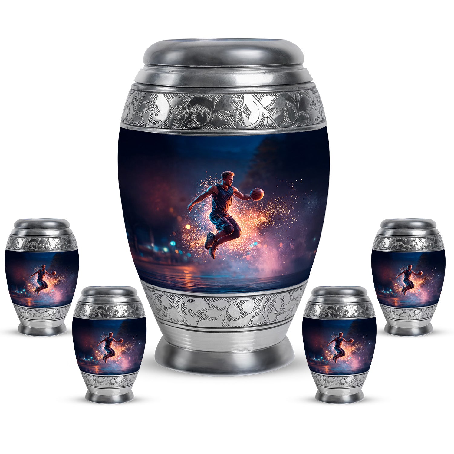 Misty Blue Basketball Cremation Urn detail view - ornate monarch-style basketball relief on brushed aluminum - memorial set with one large and four small urns