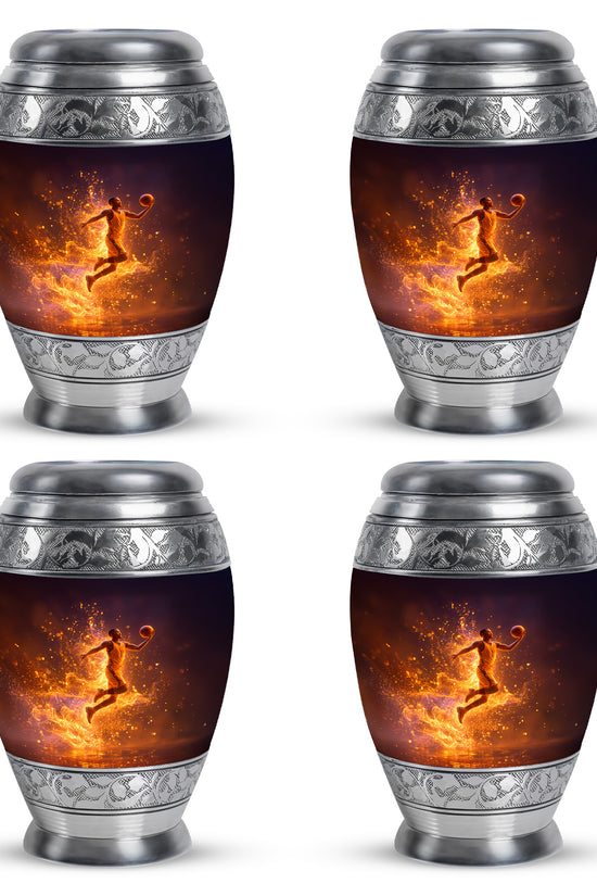 Dark Black Basketball Cremation Urn urn with complimentary velvet bag - royal basketball engraving with decorative scrollwork - 10 inch aluminum urn for cremated remains