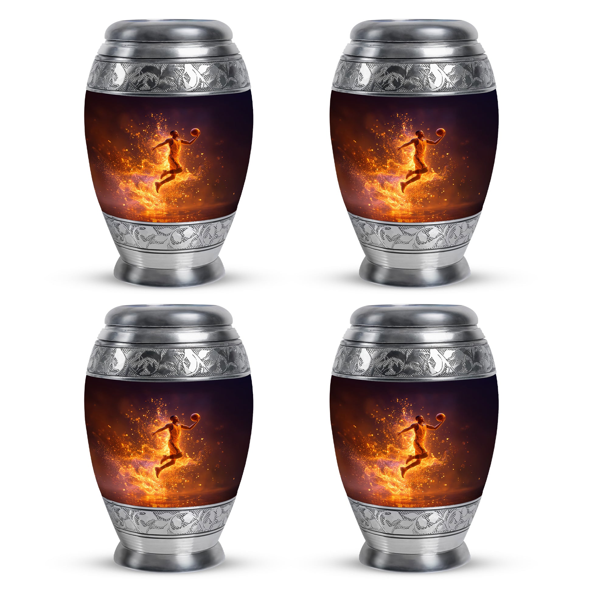 Dark Black Basketball Cremation Urn urn with complimentary velvet bag - royal basketball engraving with decorative scrollwork - 10 inch aluminum urn for cremated remains