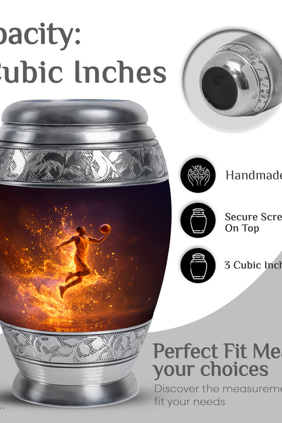 Obsidian Black Basketball Cremation Urn lifestyle display on memorial shelf - royal basketball engraving with decorative scrollwork - mini keepsake memorial for portion of cremation ashes