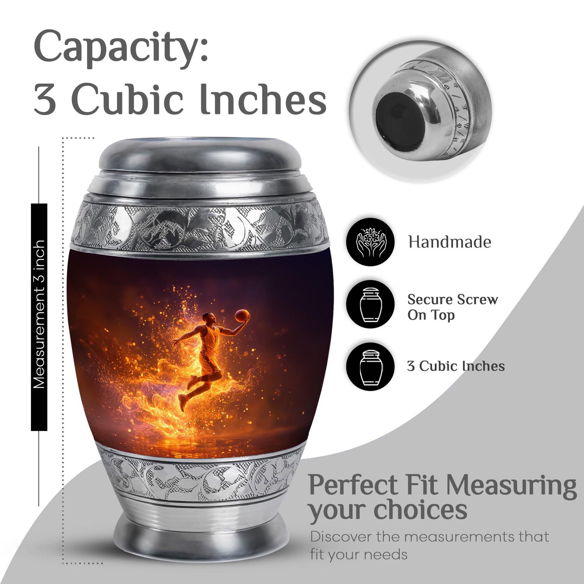 Obsidian Black Basketball Cremation Urn lifestyle display on memorial shelf - royal basketball engraving with decorative scrollwork - mini keepsake memorial for portion of cremation ashes