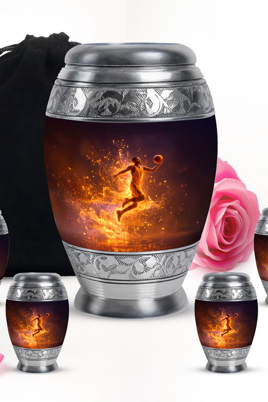 Onyx Black Basketball Cremation Urn detail view - majestic basketball pattern with filigree border - memorial set with one large and four small urns