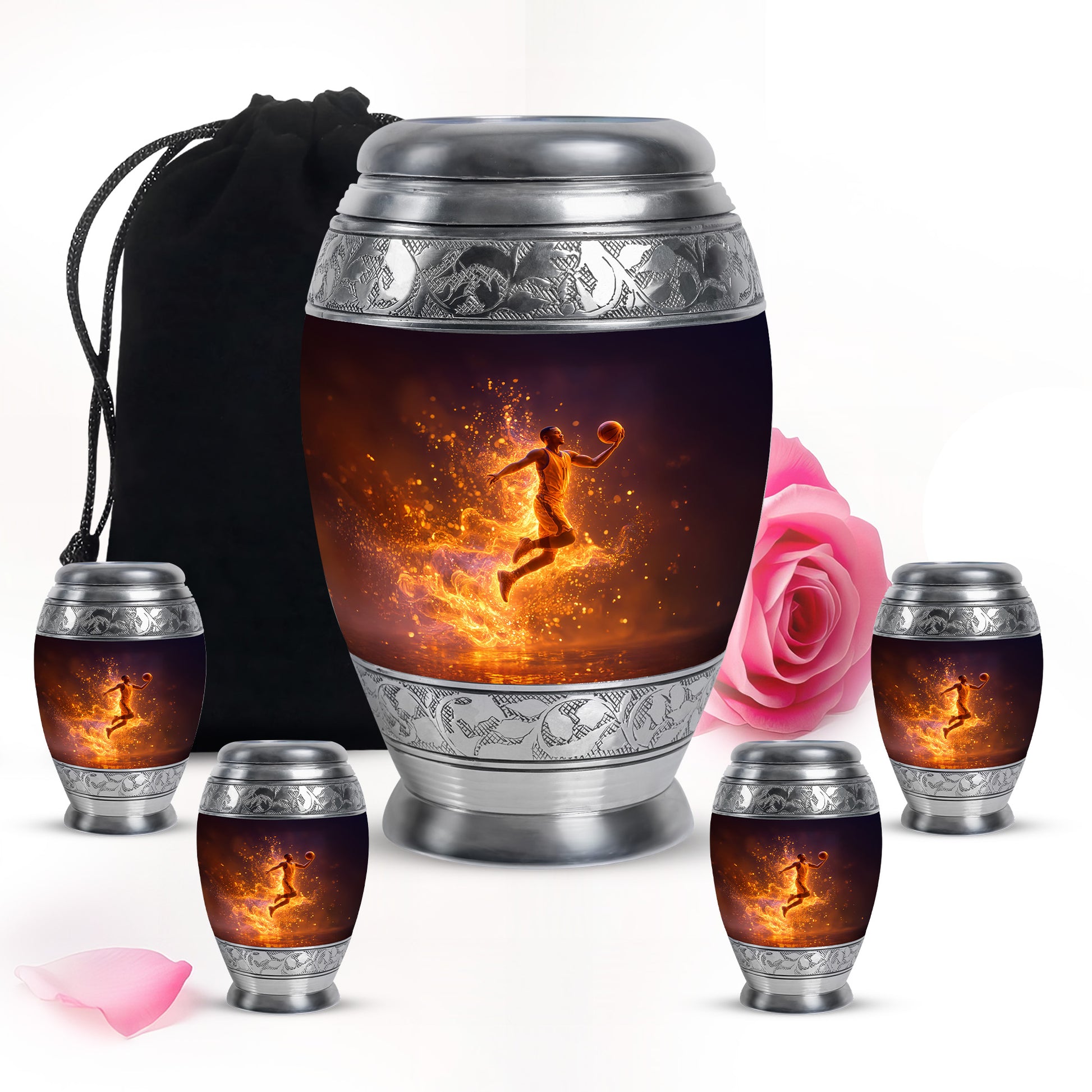 Onyx Black Basketball Cremation Urn detail view - majestic basketball pattern with filigree border - memorial set with one large and four small urns