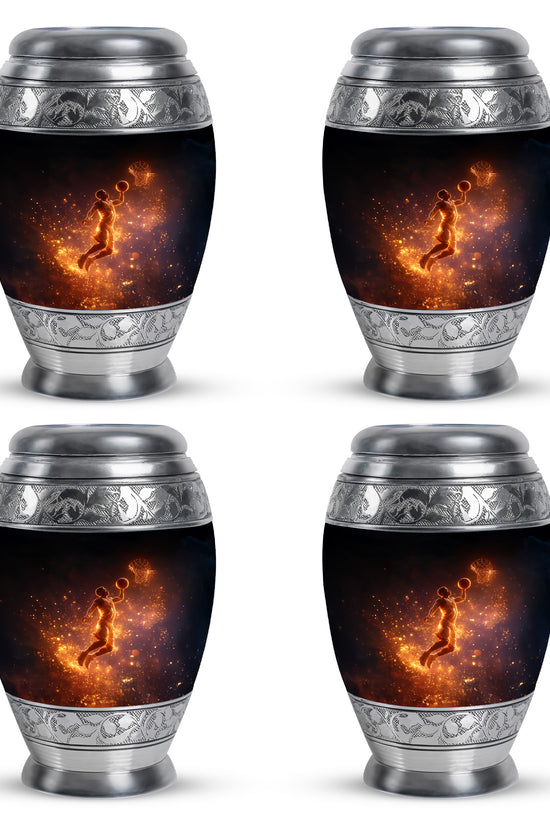 Rich Black Basketball Cremation Urn urn with complimentary velvet bag - ornate monarch-style basketball relief on brushed aluminum - 10 inch aluminum urn for cremated remains