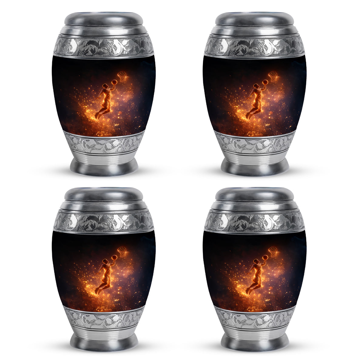 Rich Black Basketball Cremation Urn urn with complimentary velvet bag - ornate monarch-style basketball relief on brushed aluminum - 10 inch aluminum urn for cremated remains