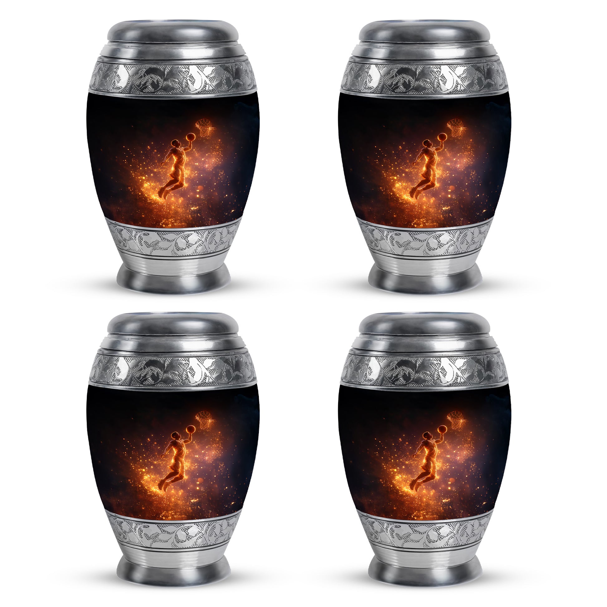 Rich Black Basketball Cremation Urn urn with complimentary velvet bag - ornate monarch-style basketball relief on brushed aluminum - 10 inch aluminum urn for cremated remains