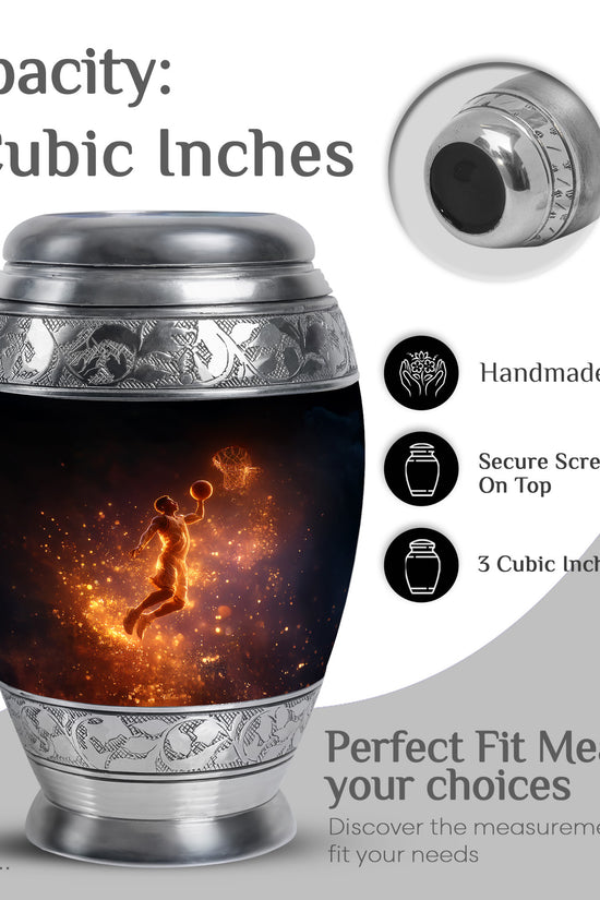 Onyx Black Basketball Cremation Urn lifestyle display on memorial shelf - majestic basketball pattern with filigree border - mini keepsake memorial for portion of cremation ashes