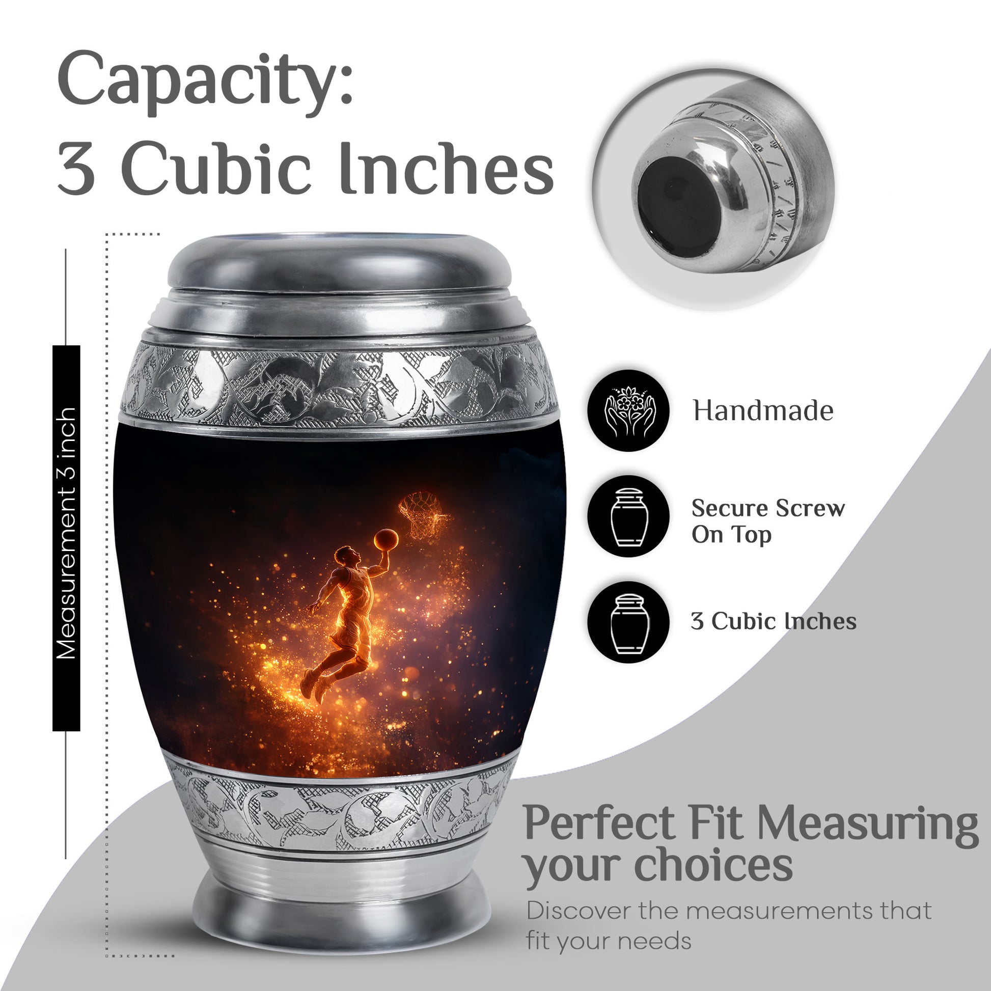 Onyx Black Basketball Cremation Urn lifestyle display on memorial shelf - majestic basketball pattern with filigree border - mini keepsake memorial for portion of cremation ashes