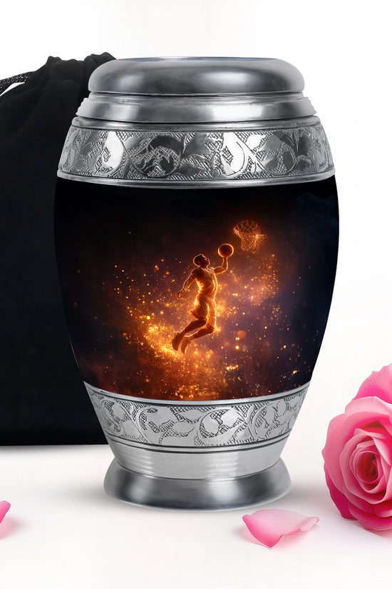 Jet Black Basketball Cremation Urn back view with polished surface - regal basketball design with crown-inspired accents - full-size 10 inch 200 cubic inch adult cremation urn