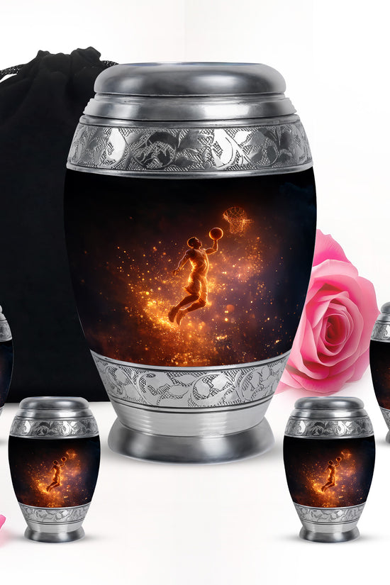 Rich Black Basketball Cremation Urn detail view - ornate monarch-style basketball relief on brushed aluminum - memorial set with one large and four small urns
