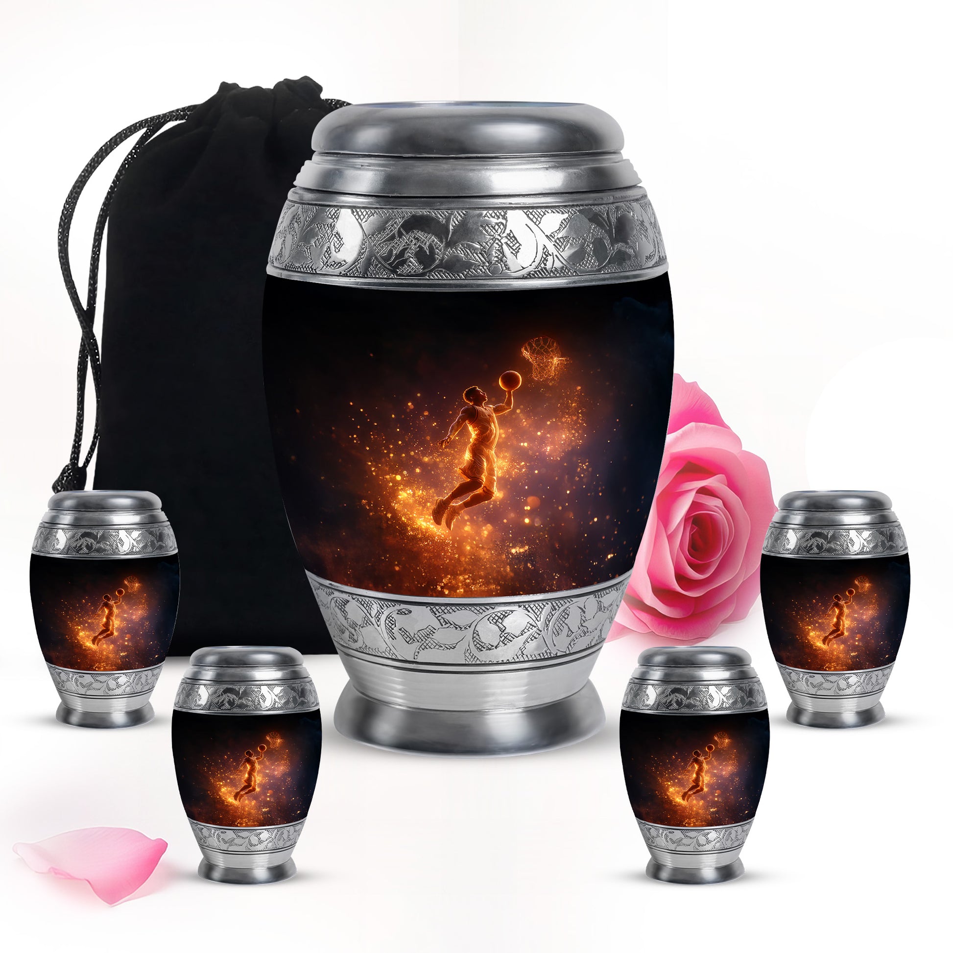 Rich Black Basketball Cremation Urn detail view - ornate monarch-style basketball relief on brushed aluminum - memorial set with one large and four small urns