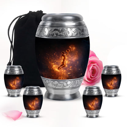 Rich Black Basketball Cremation Urn detail view - ornate monarch-style basketball relief on brushed aluminum - memorial set with one large and four small urns