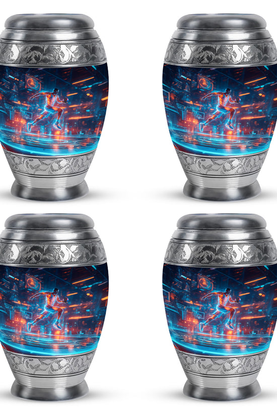 Steel Blue Basketball Cremation Urn urn with complimentary velvet bag - royal basketball engraving with decorative scrollwork - 10 inch aluminum urn for cremated remains
