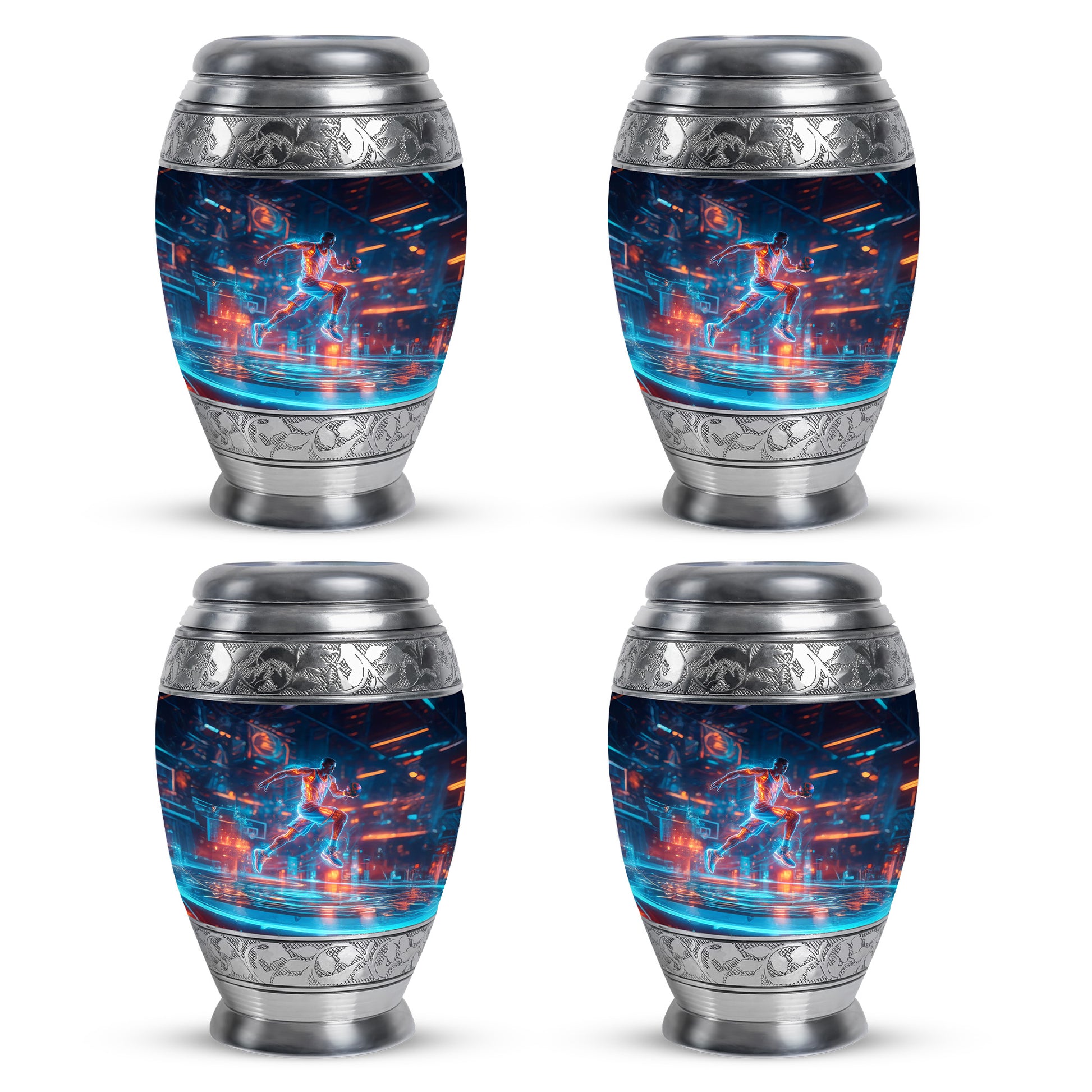 Steel Blue Basketball Cremation Urn urn with complimentary velvet bag - royal basketball engraving with decorative scrollwork - 10 inch aluminum urn for cremated remains