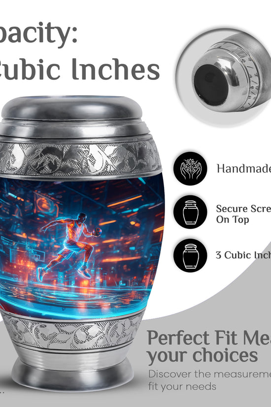 Twilight Blue Basketball Cremation Urn lifestyle display on memorial shelf - majestic basketball pattern with filigree border - mini keepsake memorial for portion of cremation ashes