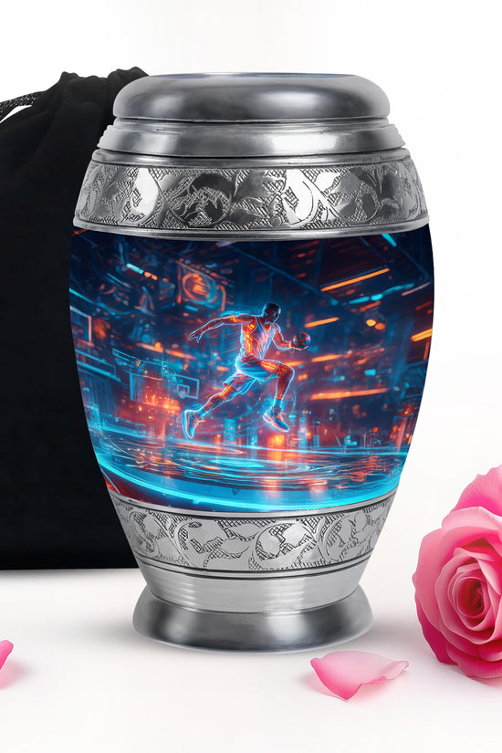 Misty Blue Basketball Cremation Urn back view with polished surface - ornate monarch-style basketball relief on brushed aluminum - full-size 10 inch 200 cubic inch adult cremation urn