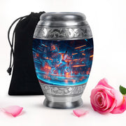 Misty Blue Basketball Cremation Urn back view with polished surface - ornate monarch-style basketball relief on brushed aluminum - full-size 10 inch 200 cubic inch adult cremation urn